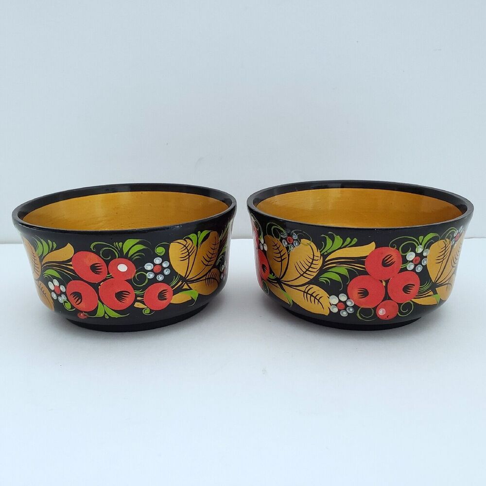 Handcrafted Wood Bowls Painted Floral Artisan Rustic Cabin Farmhouse 4" Set Of 2